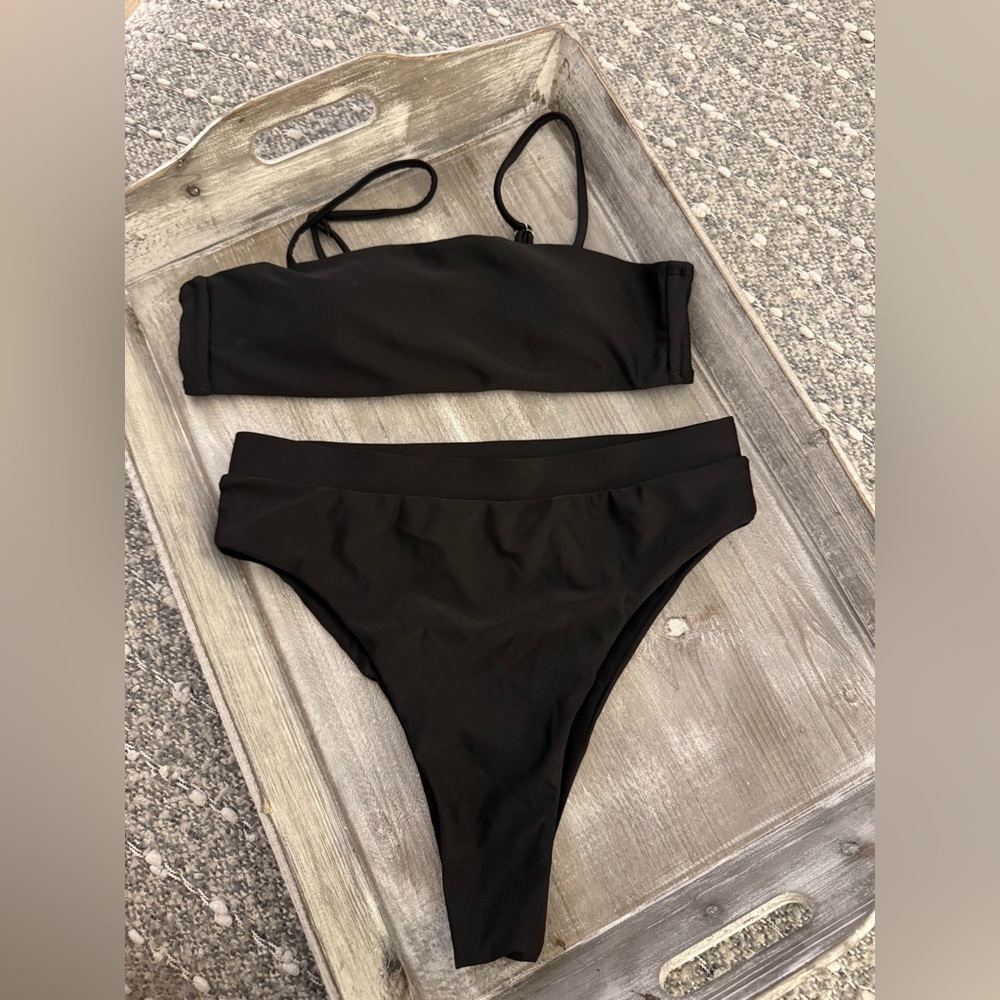 SHEIN black bikini set - top and bottoms, both size M, high waisted bottoms